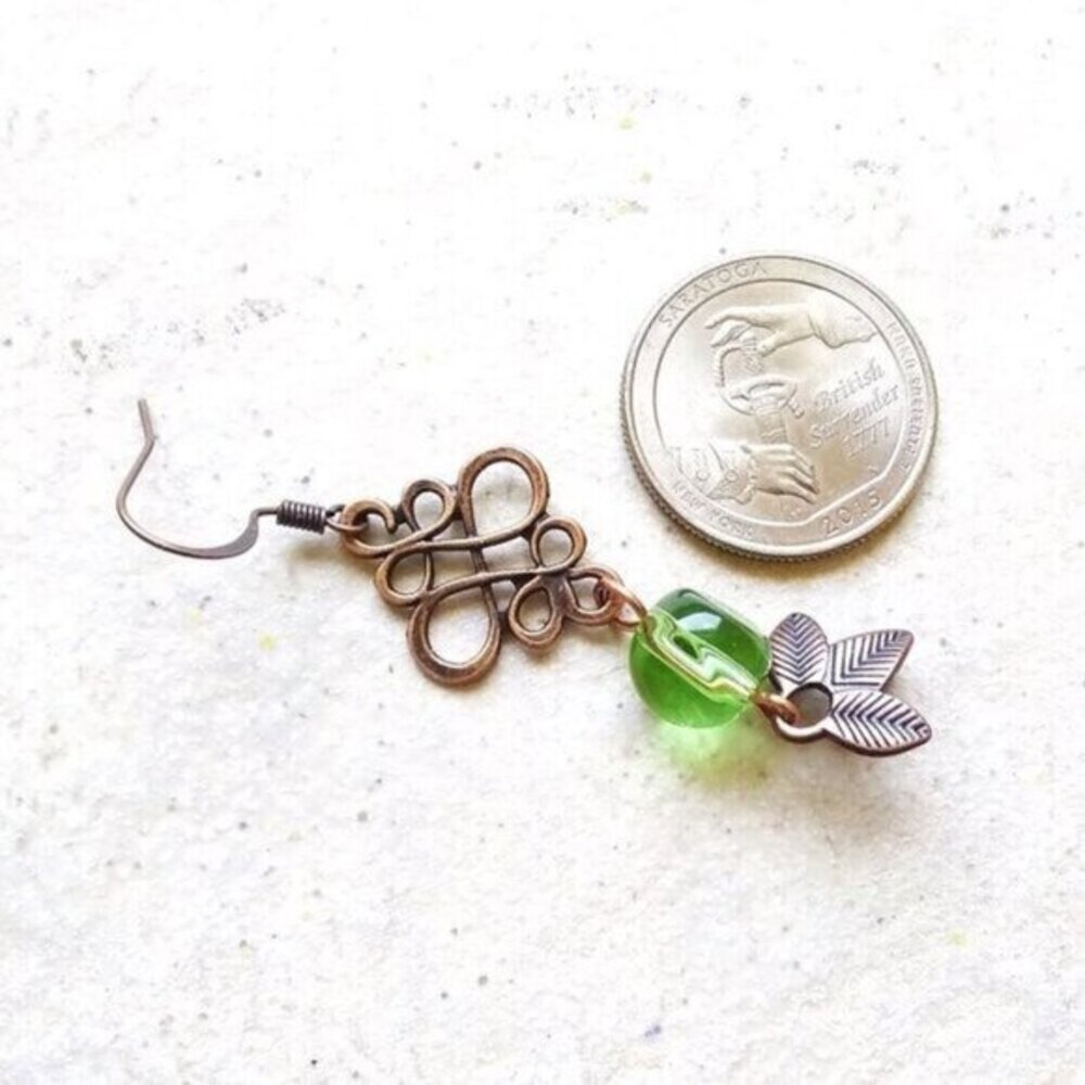 Feminine Copper Celtic Knot Filigree & Leaf Dangle Earrings ~ Spring + Fall - Picture 4 of 5